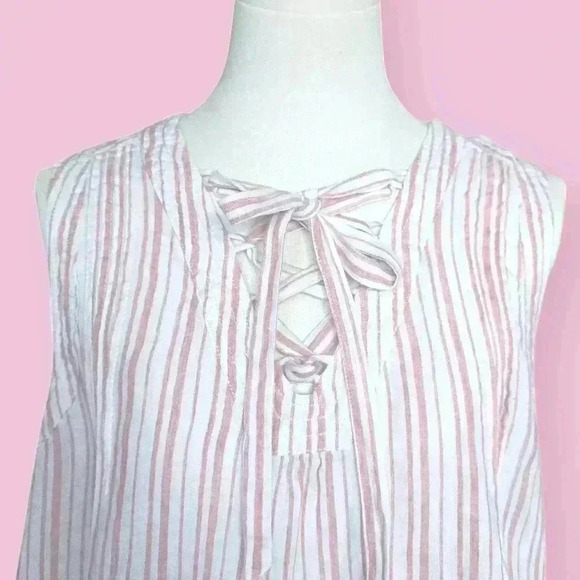 Rachel Zoe 100% Linen Pastel Pink Vertical Stripes Sleeveless Summer Blouse - Picture 8 of 13